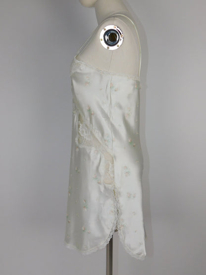 90s Liquid Satin White Floral and Lace Slip Dress