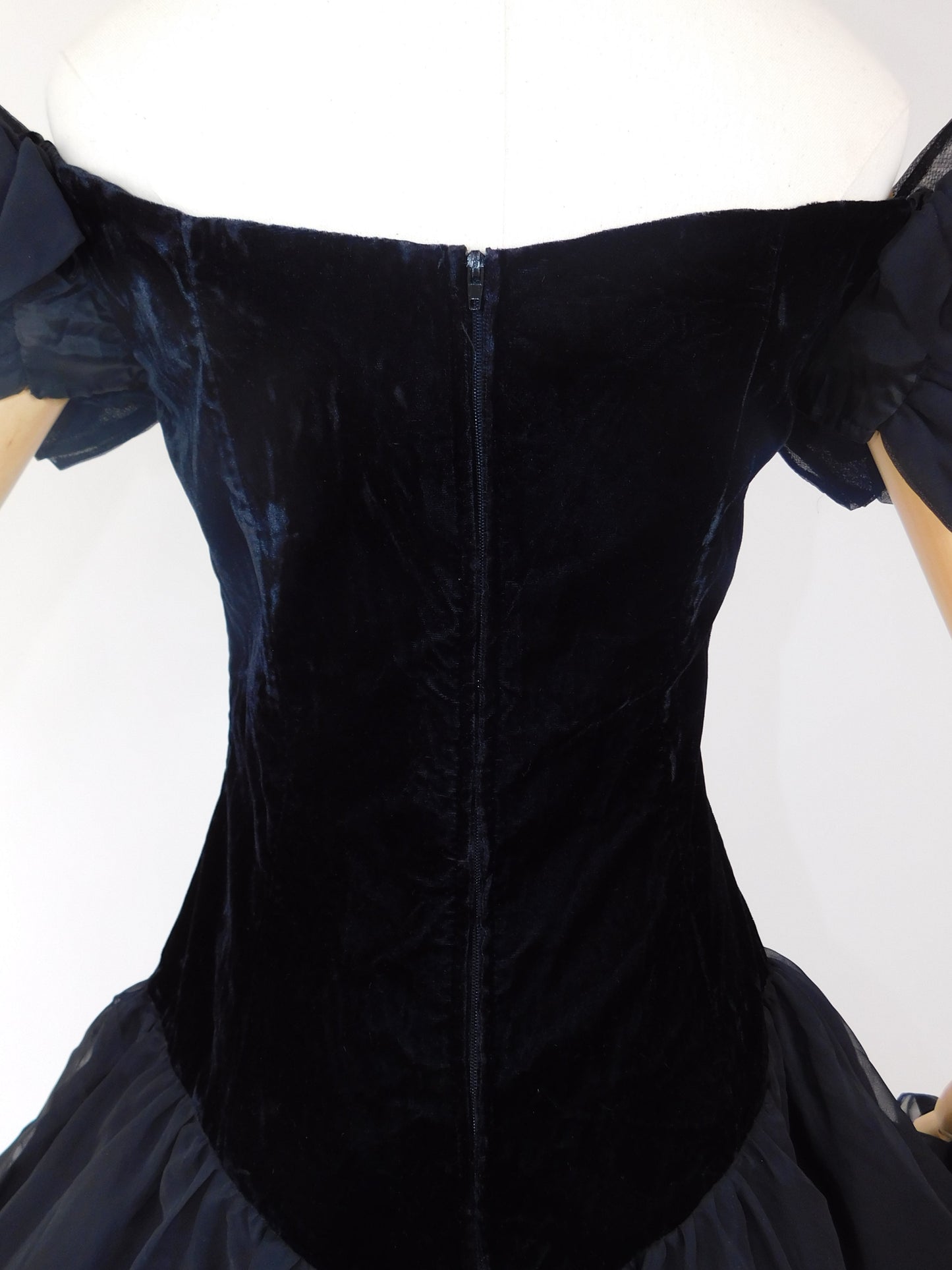 1980s Black Velvet & Chiffon Puff Sleeve Off Shoulder Dress