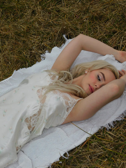 90s Liquid Satin White Floral and Lace Slip Dress