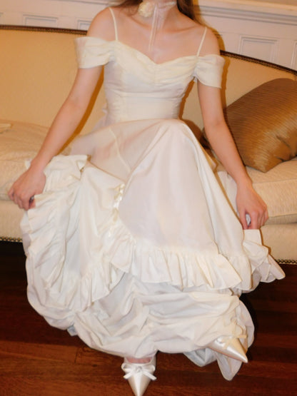 1980s Roberta Ivory Off Shoulder Sleeveless Ruffle Gown