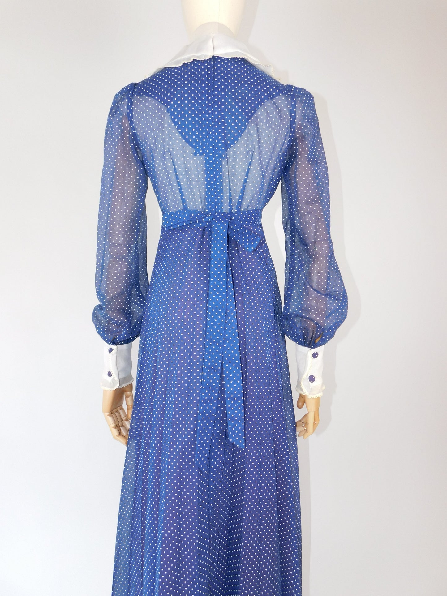 1970s Polka Dot Pleated Maxi Prairie Dress