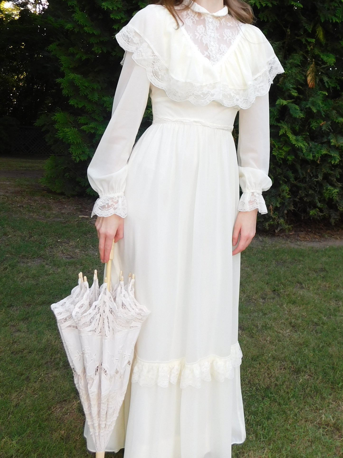 1970s Ivory Victorian Style Dress