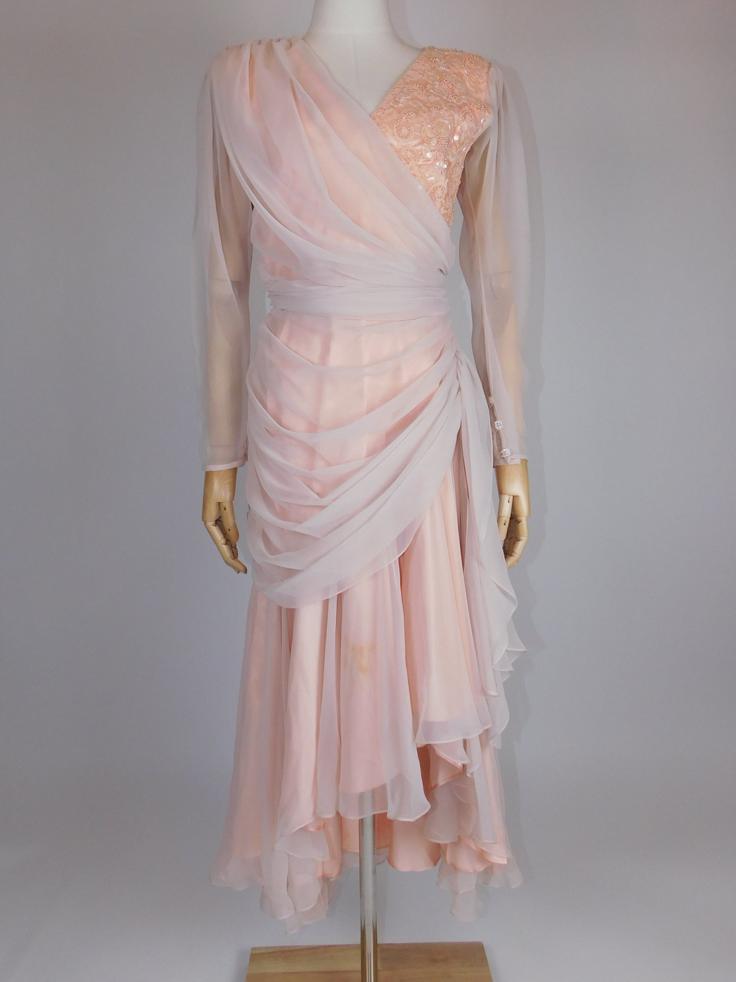 1980s Ruched Chiffon, Sequin, and Beaded Pinup Gown