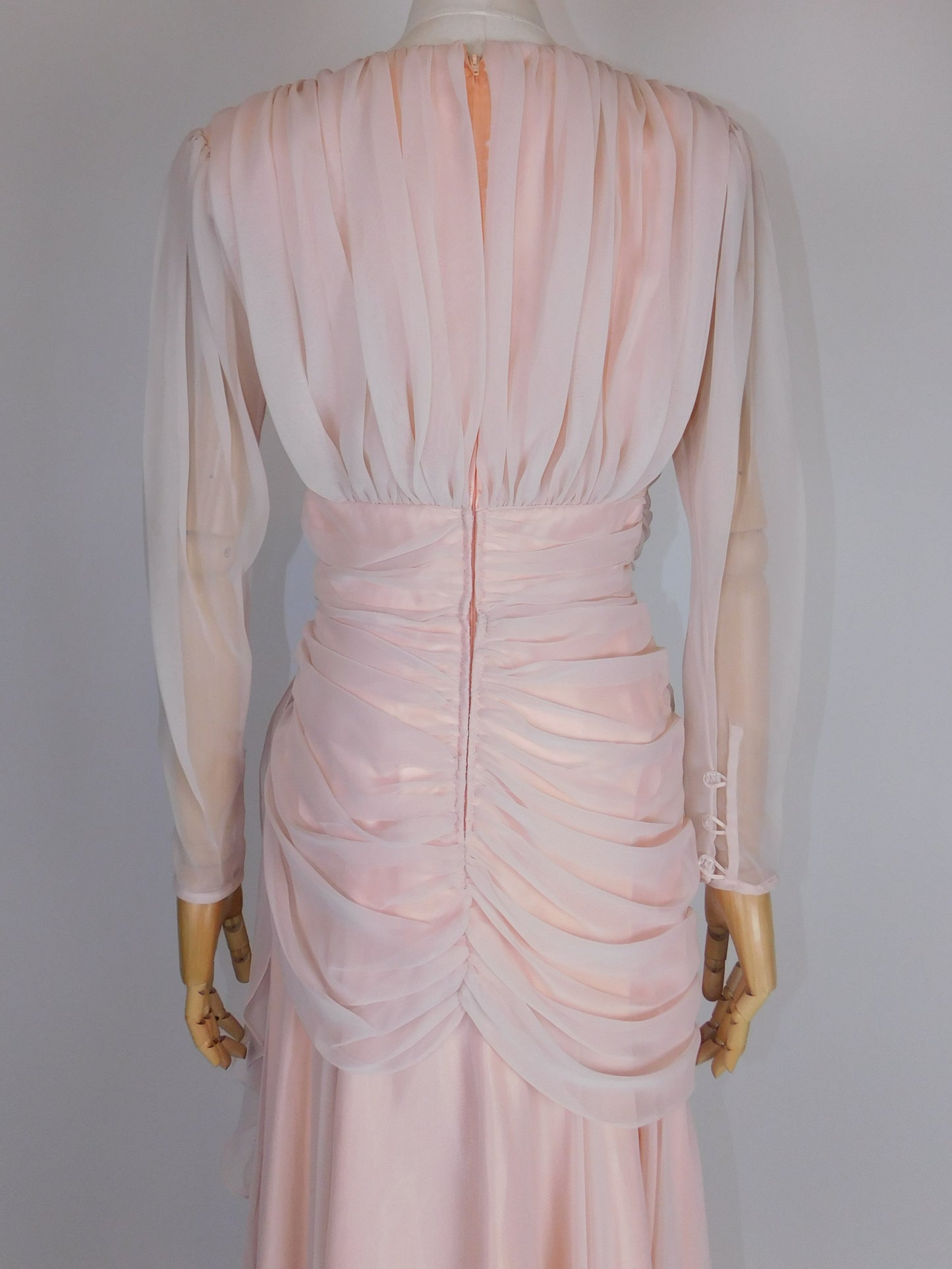 1980s Ruched Chiffon, Sequin, and Beaded Pinup Gown