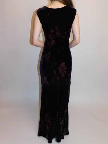 Back view of 1990s merlot floral velvet burnout dress with zip closure, fitted silhouette, cap sleeves