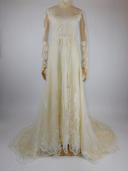 1960s Ivory Lace Wedding Dress with High Neck and Illusion Sleeves | Medieval Bridal Gown