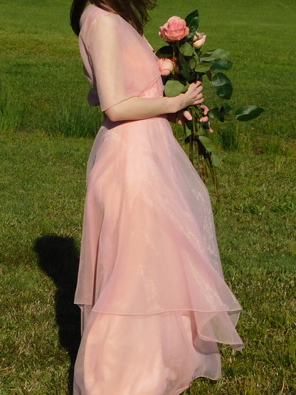 Model holding roses while the 1960s sheer pink maxi dress flows in soft afternoon light.