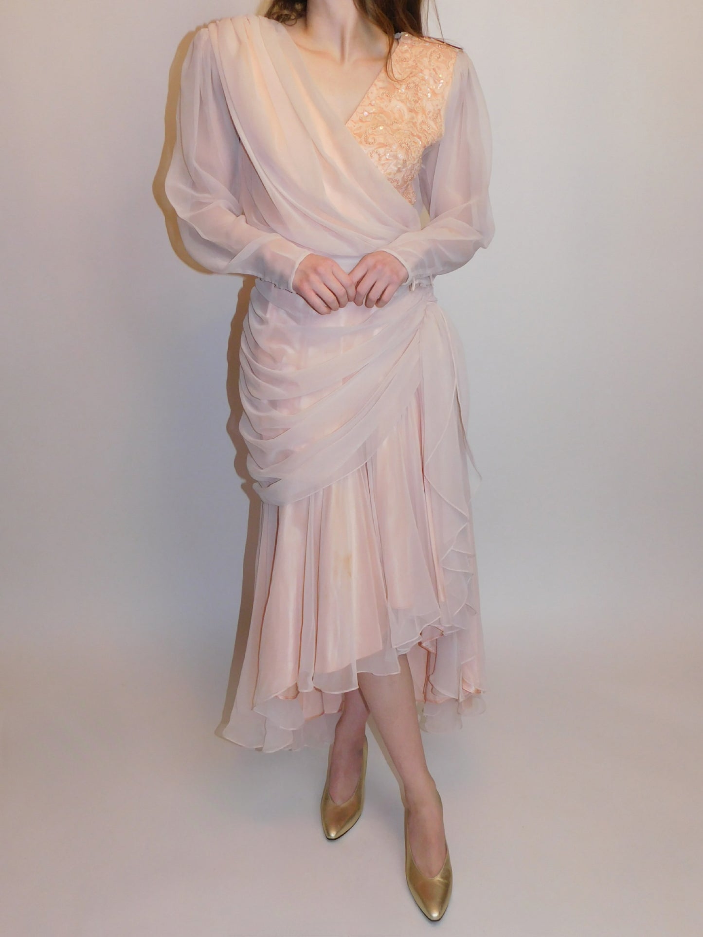 1980s Ruched Chiffon, Sequin, and Beaded Pinup Gown