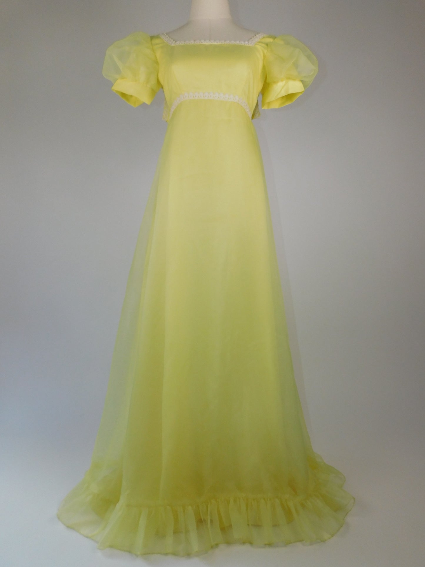 1960s Sylvia Ann Yellow Puff Sleeve Ruffle Hem Dress