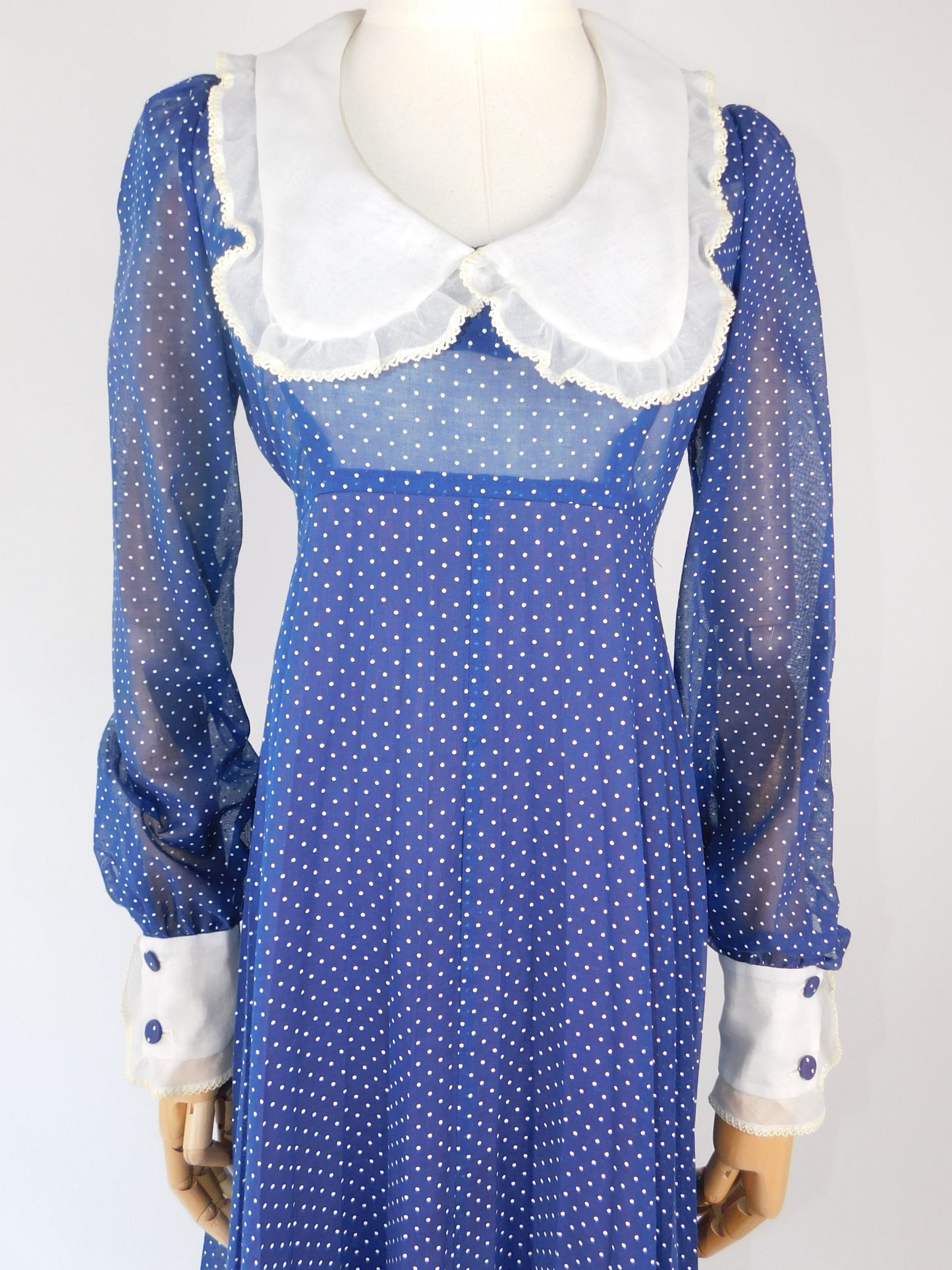 1970s Polka Dot Pleated Maxi Prairie Dress