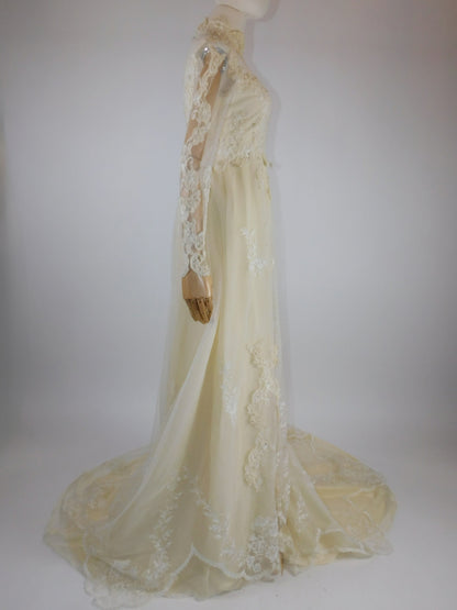 1960s Ivory Lace Wedding Dress with High Neck and Illusion Sleeves | Medieval Bridal Gown